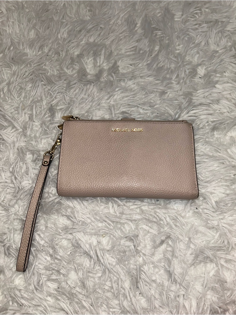 Michael Kors pebbled leather wristlet wallet pinkish tan with gold-tone hardware